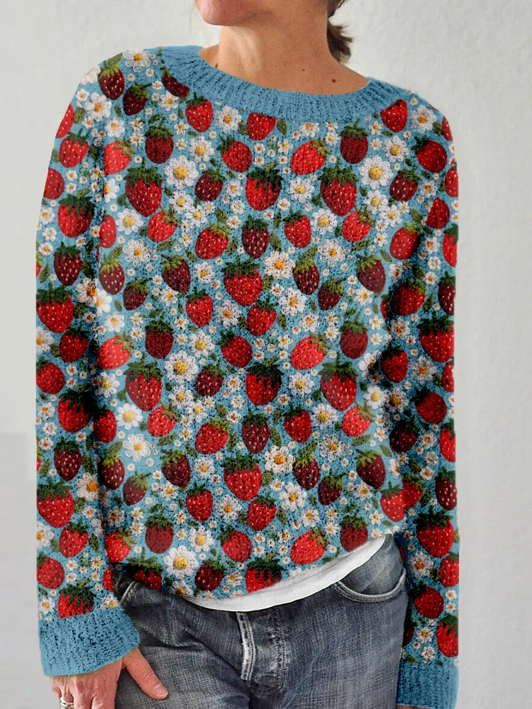 VChics Felt Strawberries and Flowers Embroidery Pattern Cozy Sweater