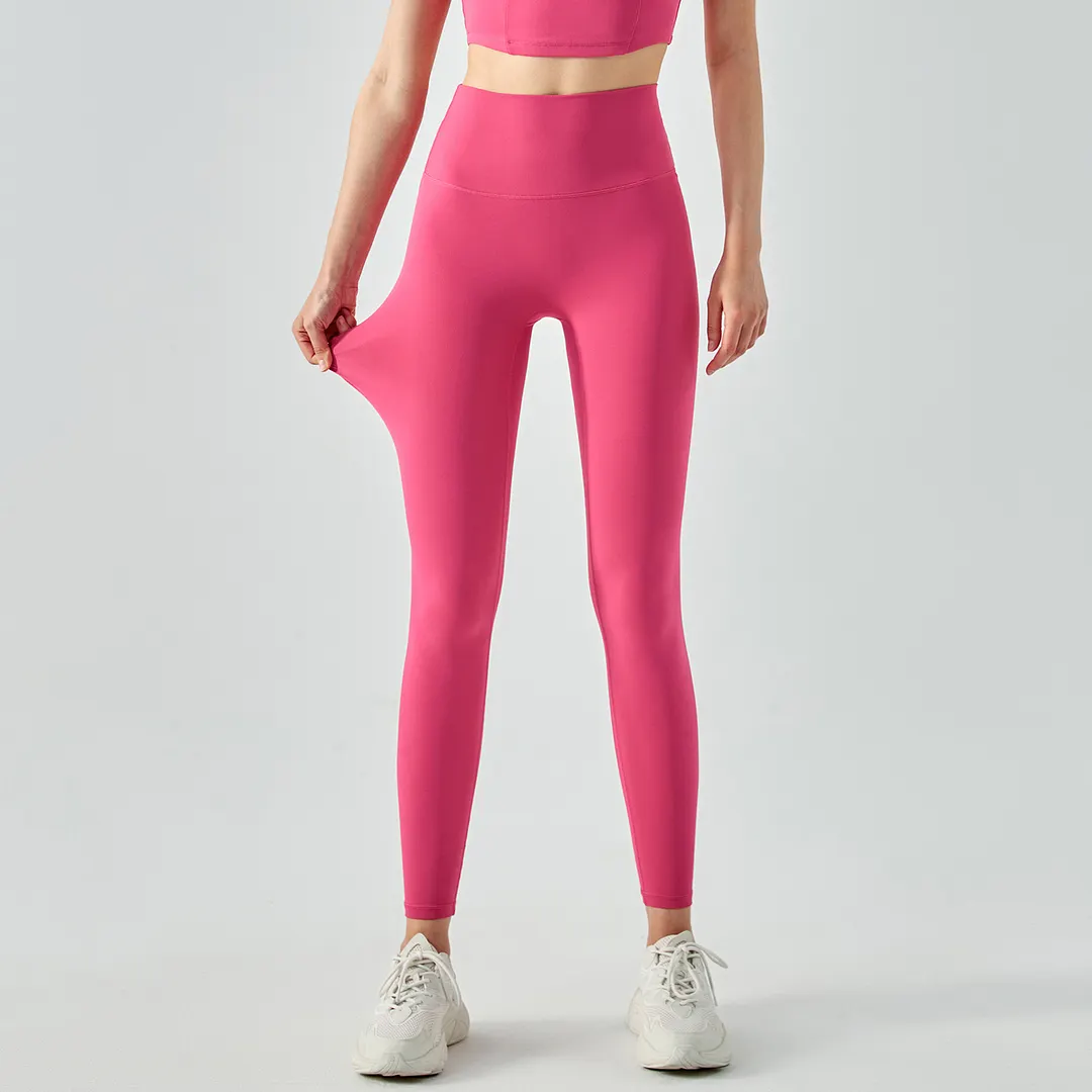 Buy high waisted butt lifting comfort stretchy yoga leggings without front seam of high quality on Hergymclothing Pink Lychee