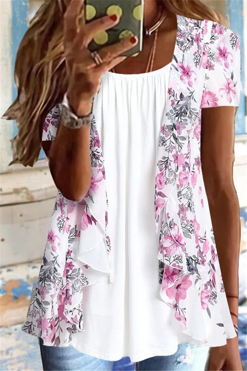 Plus Size Casual Faux Two Piece Asymmetrical Hem Floral Round Neck Short Sleeve Blouse