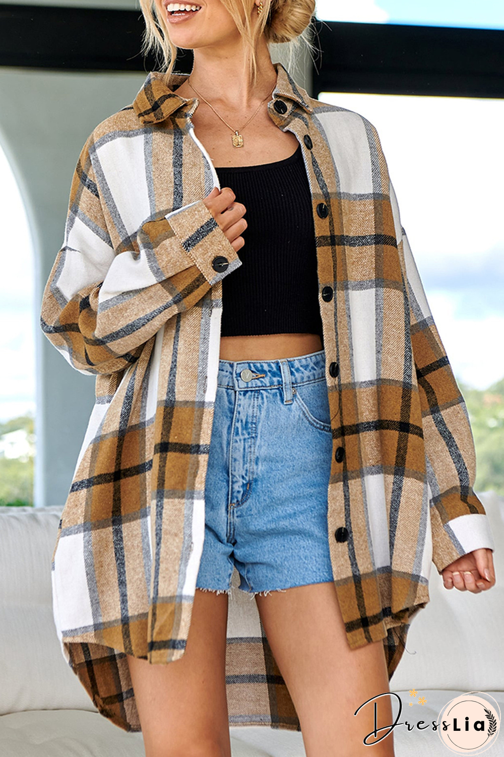 Casual Plaid Patchwork Turndown Collar Blouses(5 Colors)