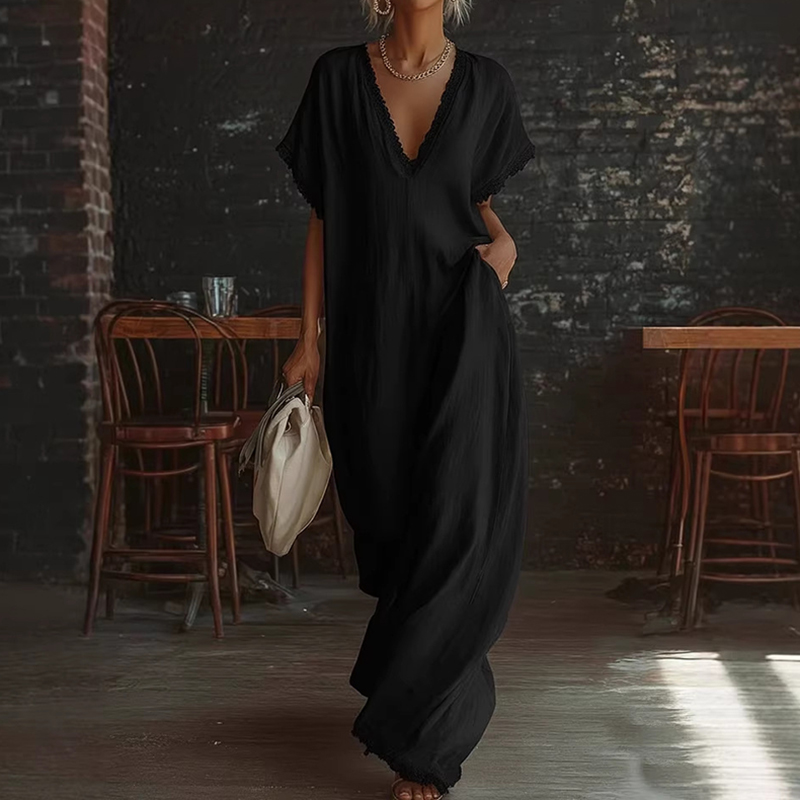 Women's Elegant Lace-trimmed Linen-cotton Maxi Dress elevenforest