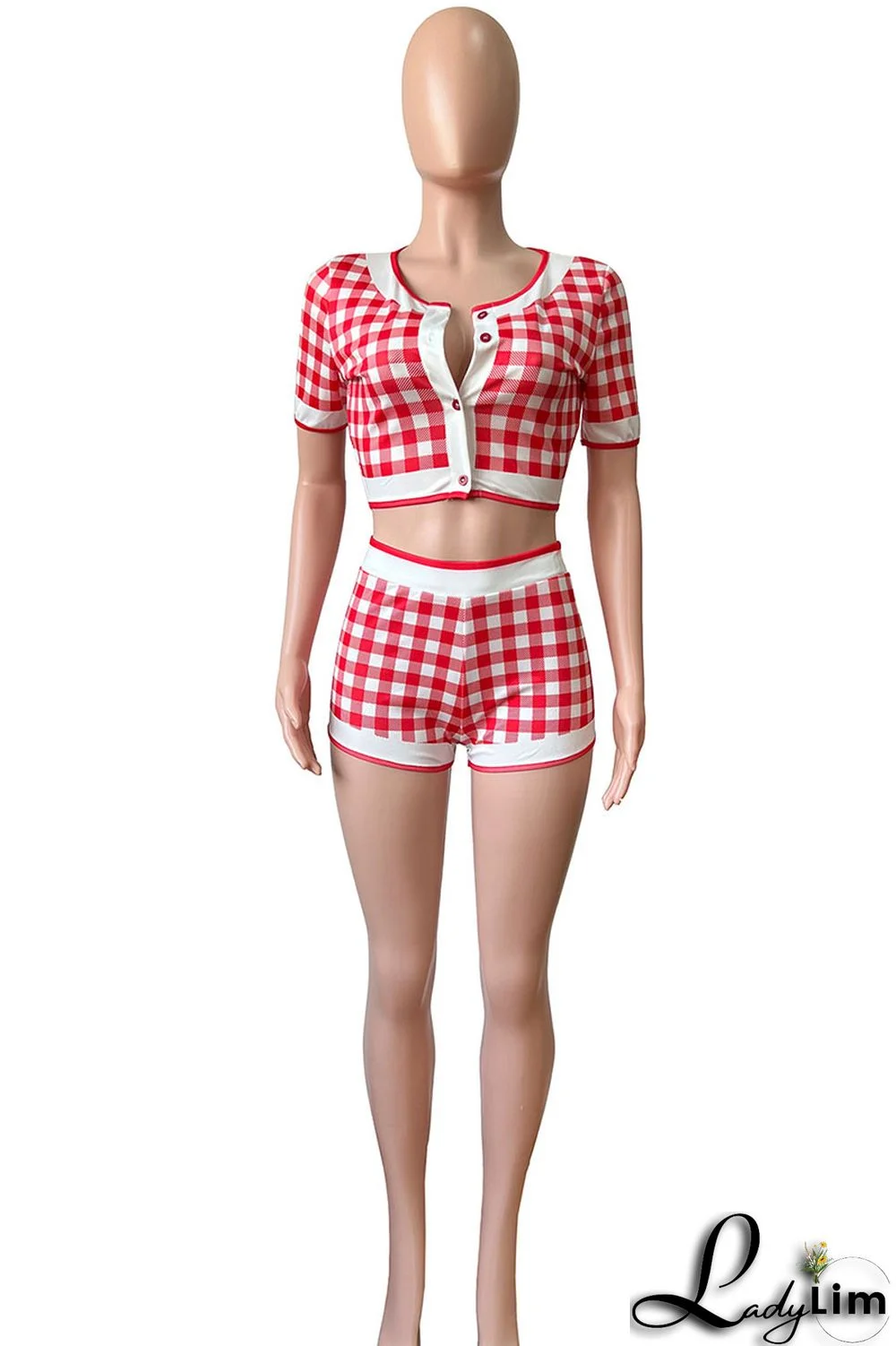 Royal Blue Sexy Plaid Print Split Joint Buckle Short Sleeve Two Pieces