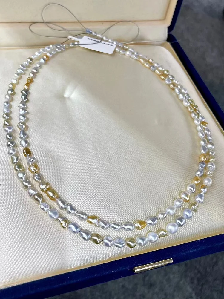 TINA Jewelry 18K Gold South Sea Pearl Mixed Color Seawater Pearl Necklace Pearl 4-6mm Necklace Total Length About 40cm South China Sea Golden Seawater Pearl and White Seawater Pearl Match