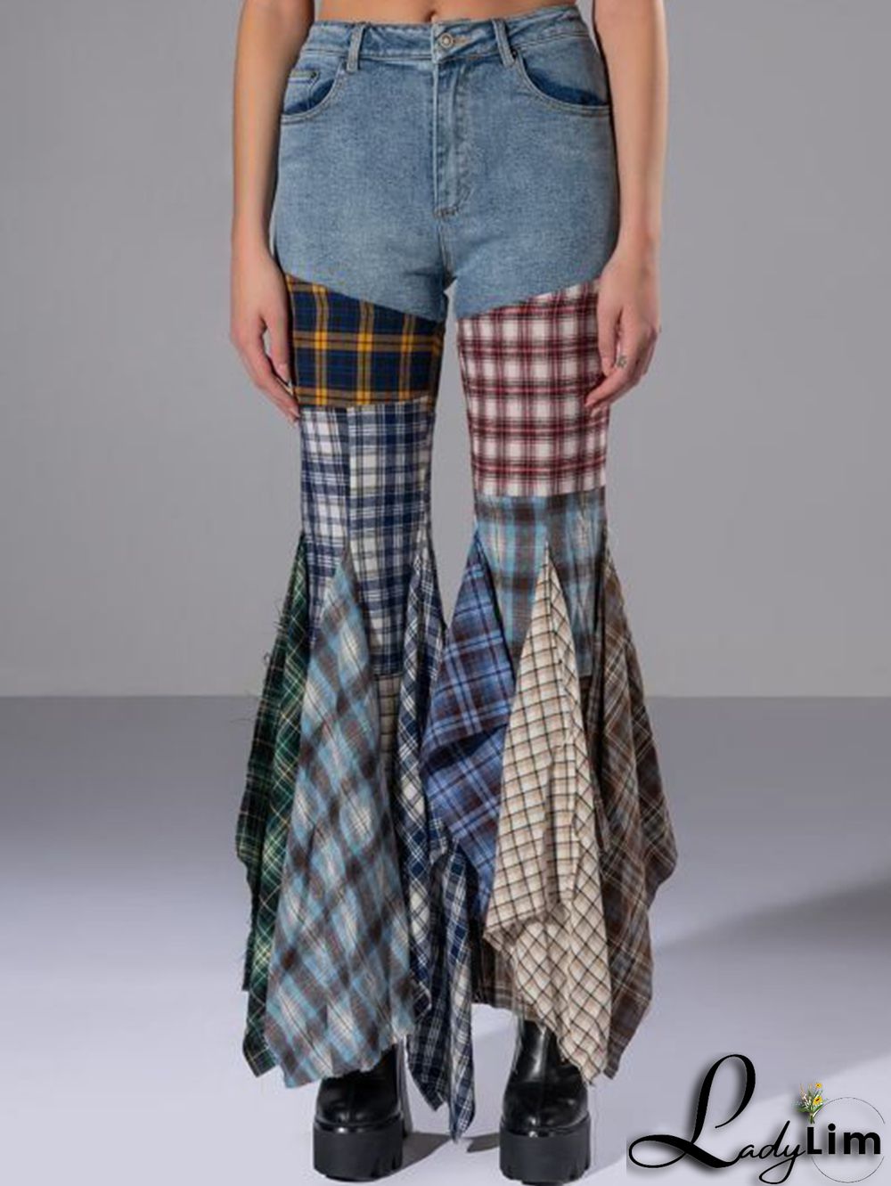Fashion Plaid Patchwork Denim High Waisted Flared Pants