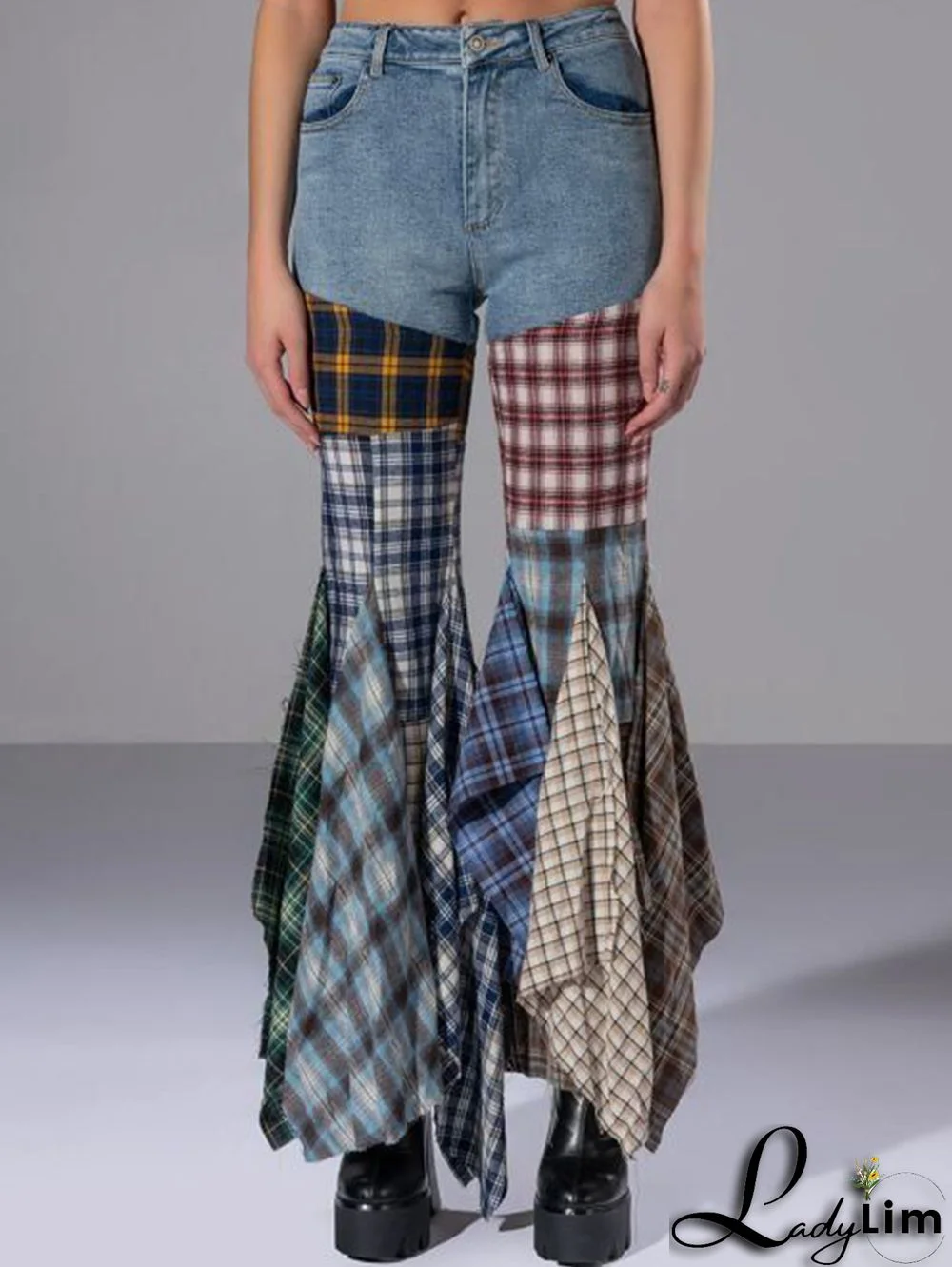 Fashion Plaid Patchwork Denim High Waisted Flared Pants