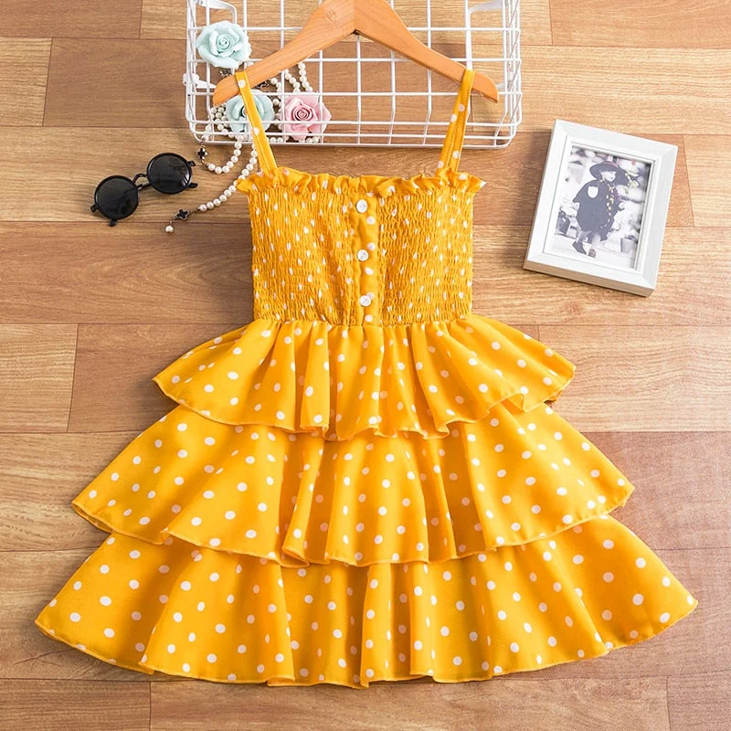 Summer Fancy Pretty Girl Colorful Dots Dress Birthday Party Princess Dress Lace Ball Gown Elegant Dress Casual Dress Size 3-8T