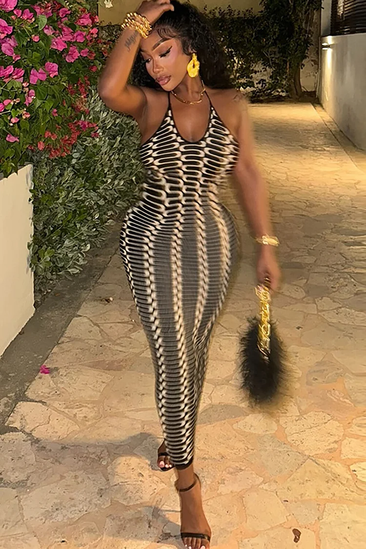Graphic Print U Neck Halter Bodycon Midi Dresses-Black