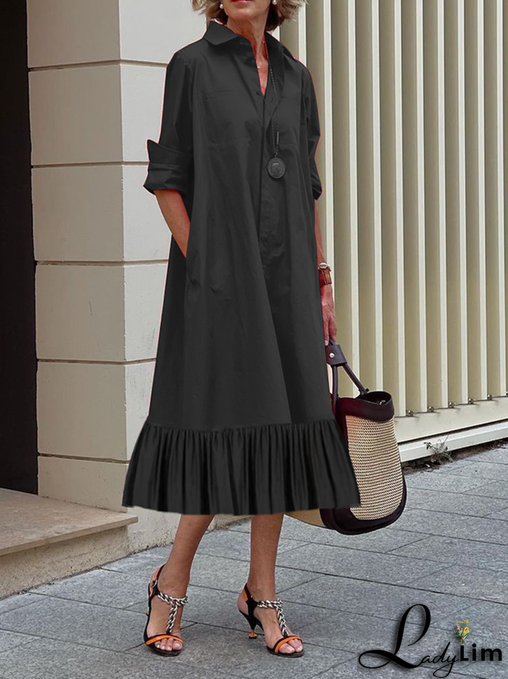 A-Line Long Sleeves Pleated Solid Color Lapel Collar Midi Dresses