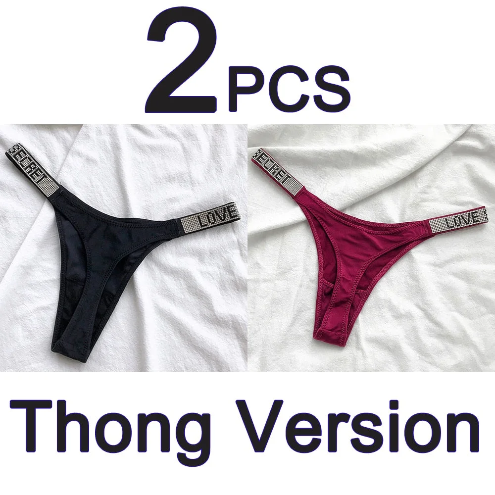 2PCS Sexy Low Waist Panties G String Comfort Satin Underwear Women Rhinestone High Fork Thong Seamless Intimates Lingerie Cotton