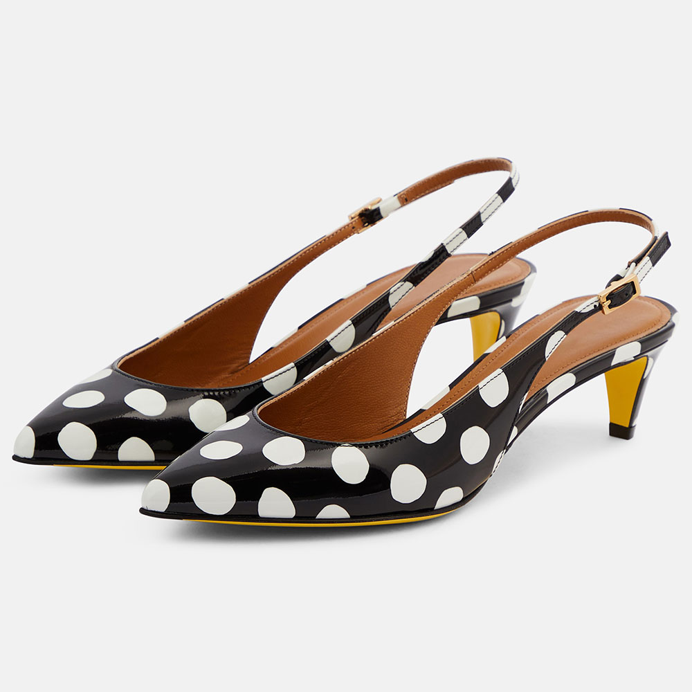 White & Black Patent Polka-Dotted Pointed Toe Buckle Slingback Heels Nicepairs