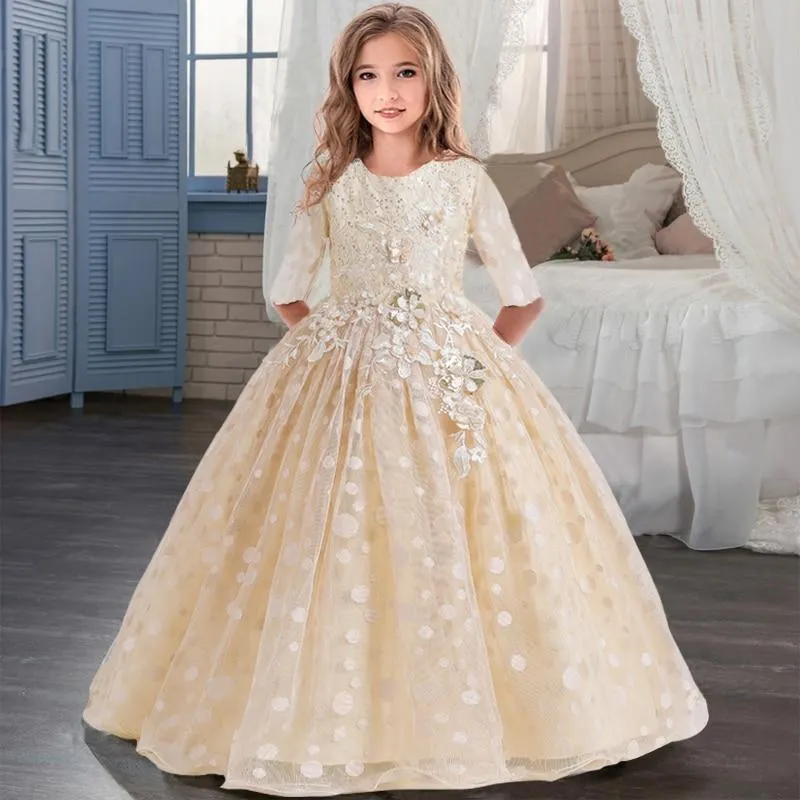2021 Summer Long Sleeve Flower Girl Dress Elegant Kids Dresses For Girls Party And Wedding Bridesmaid Princess Dress 10 12 Years
