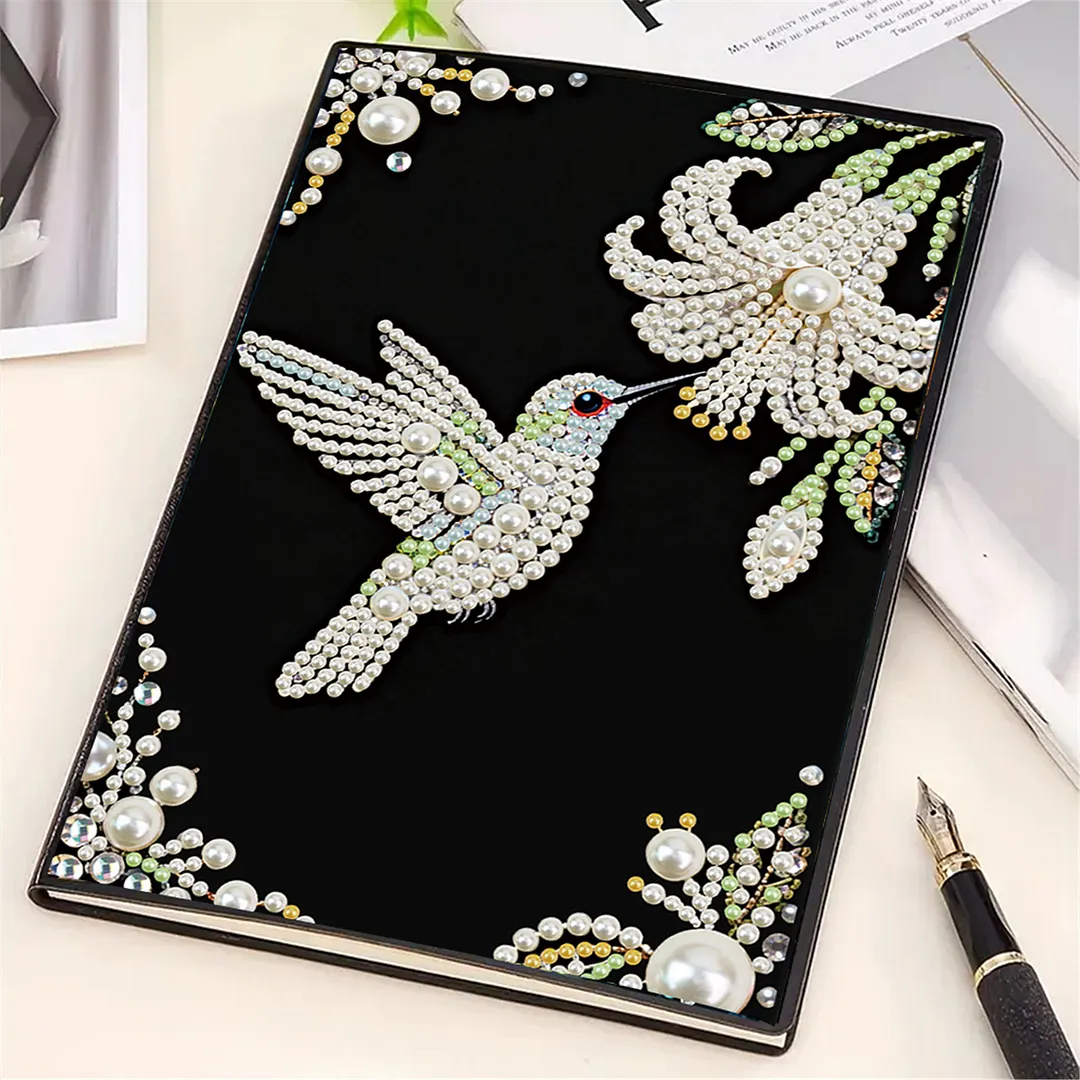 Flowers and Hummingbirds Partial Pearl DIY 50 Pages A5 Diamond Painting Notebook Special Shaped Diamond Art Diary Book Kits Wireless Strip 5D Crystal Art Paintings Sketchbook for Art Drawing