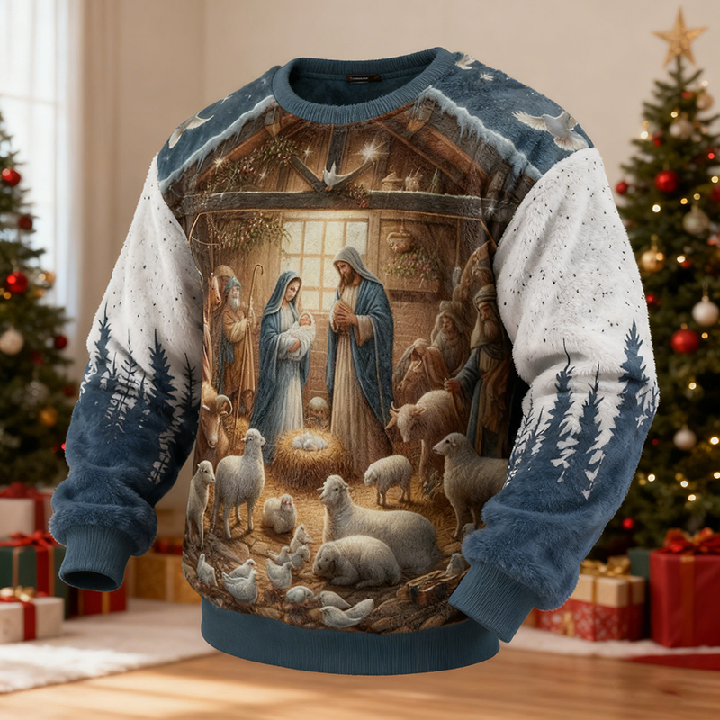 Men's Christmas Nativity Pattern Crew Neck Casual Flannel Sweatshirt elevenforest
