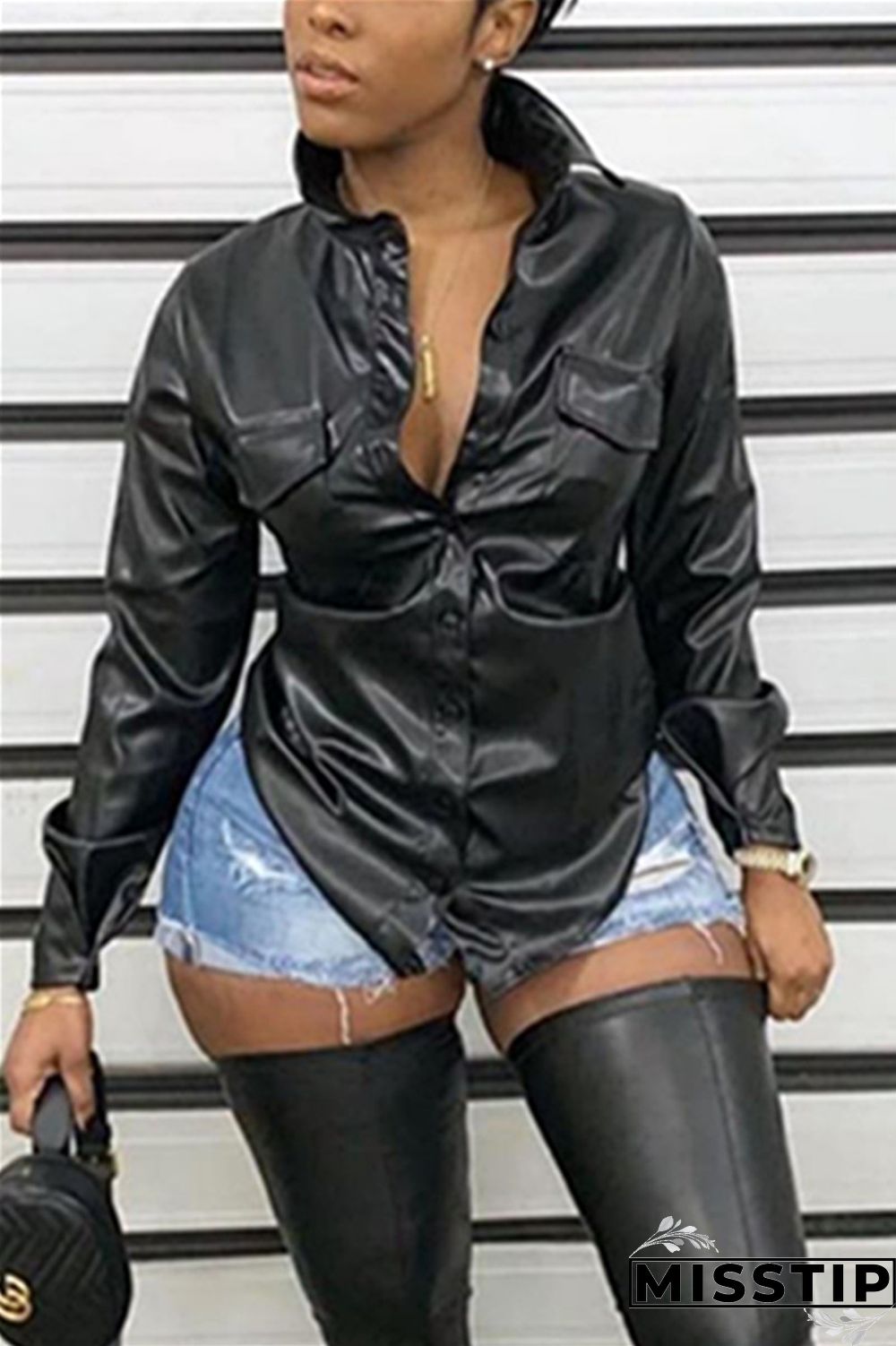 Black Notched Solid PU Pure Long Sleeve Blazer & Suits &Jacket