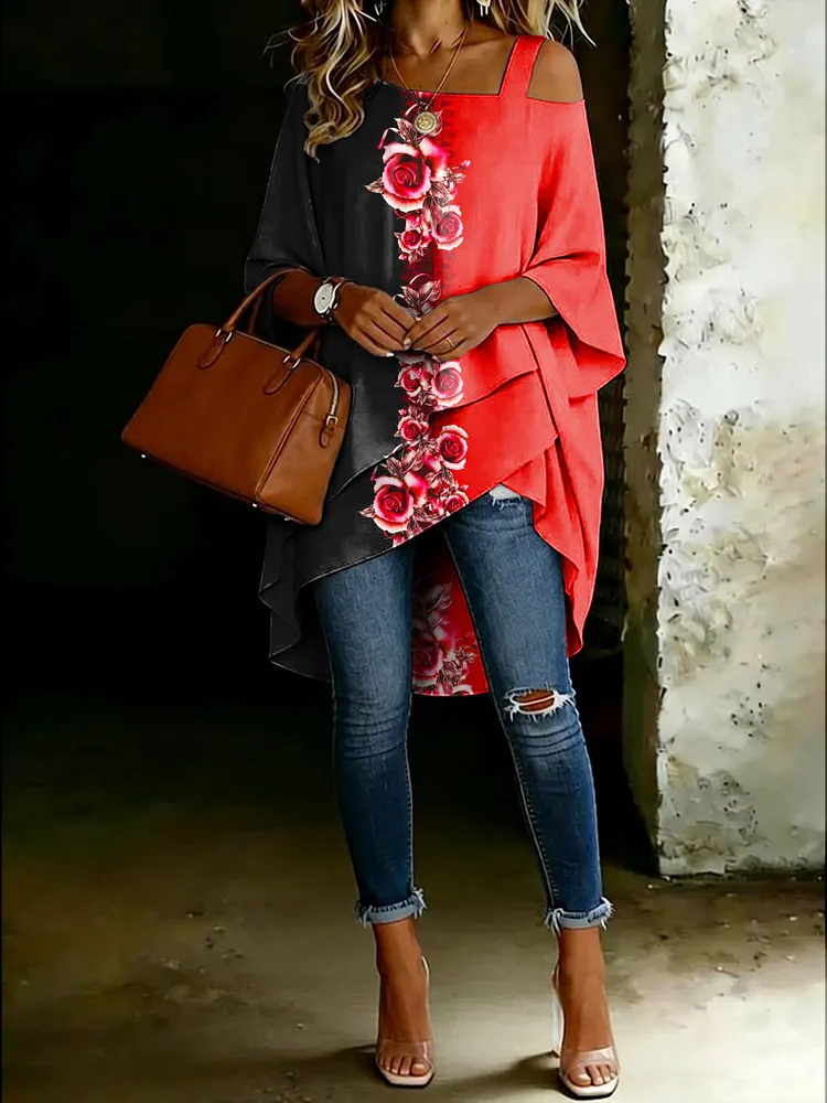 Women's Color Block Floral Cold Shoulder Asymmetrical Hem Blouse