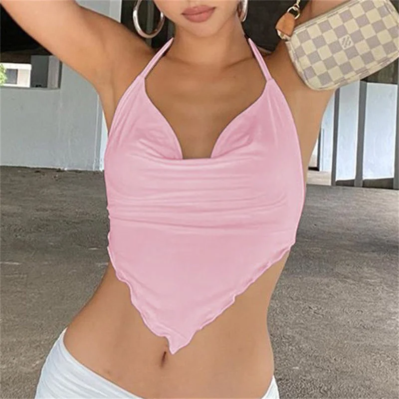 Uveng Uveng Summer Women's Dress Solid Color Dew Back Tie Hanging Neck Diamond Wave Belly Pocket Skirt