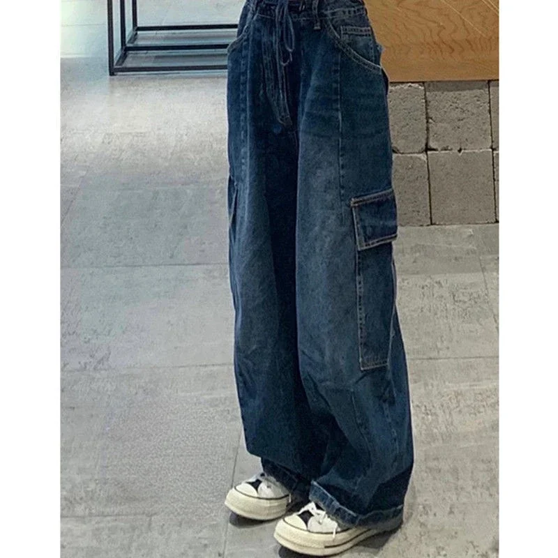 Aonga Dark Blue vintage cargo Jeans Women's 2025 Spring y2k Streetwear Loose high waisted jeans Straight Wide Leg cargo  Jeans Women's aonga