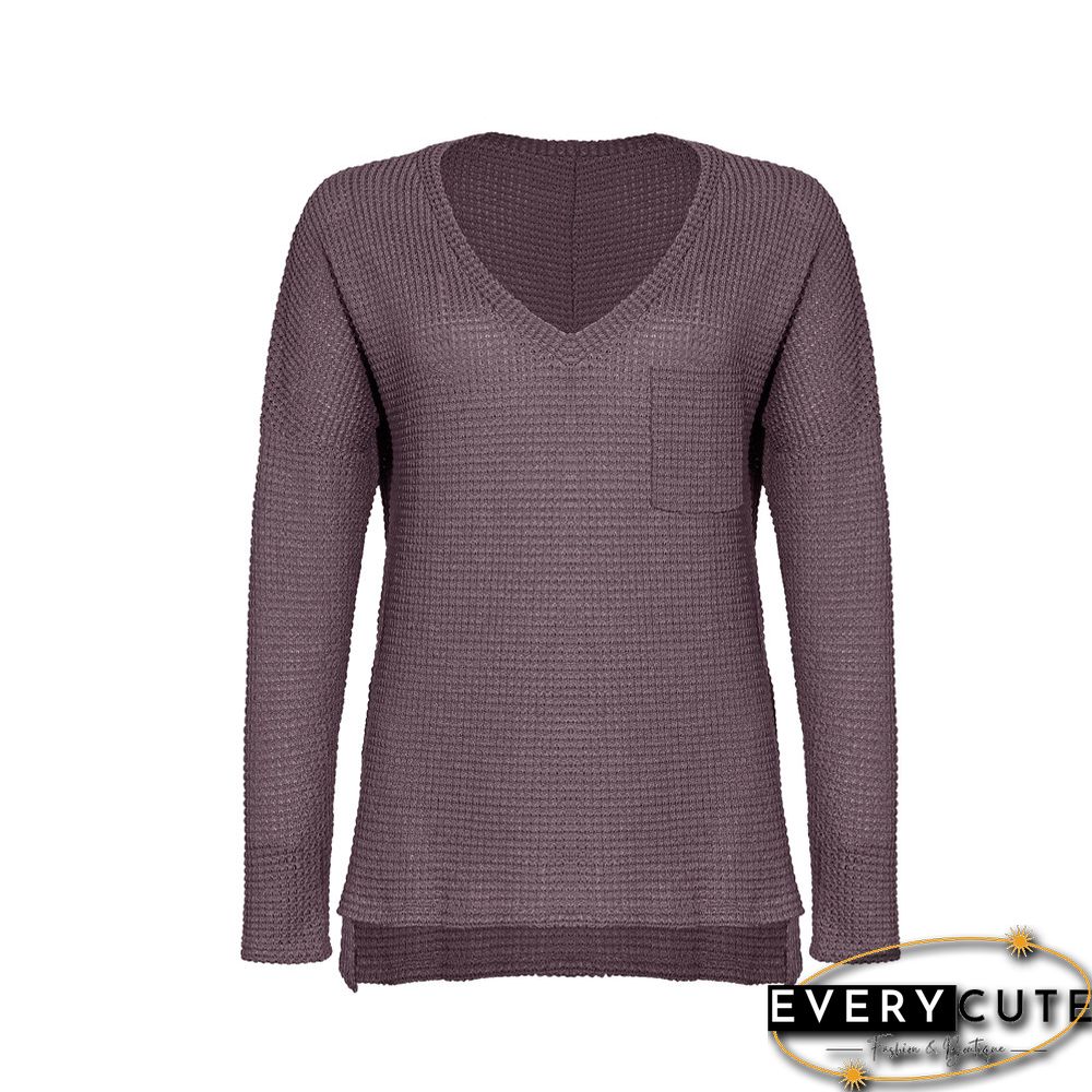 Purplish Red Solid V Neck Knit Top with Pocket