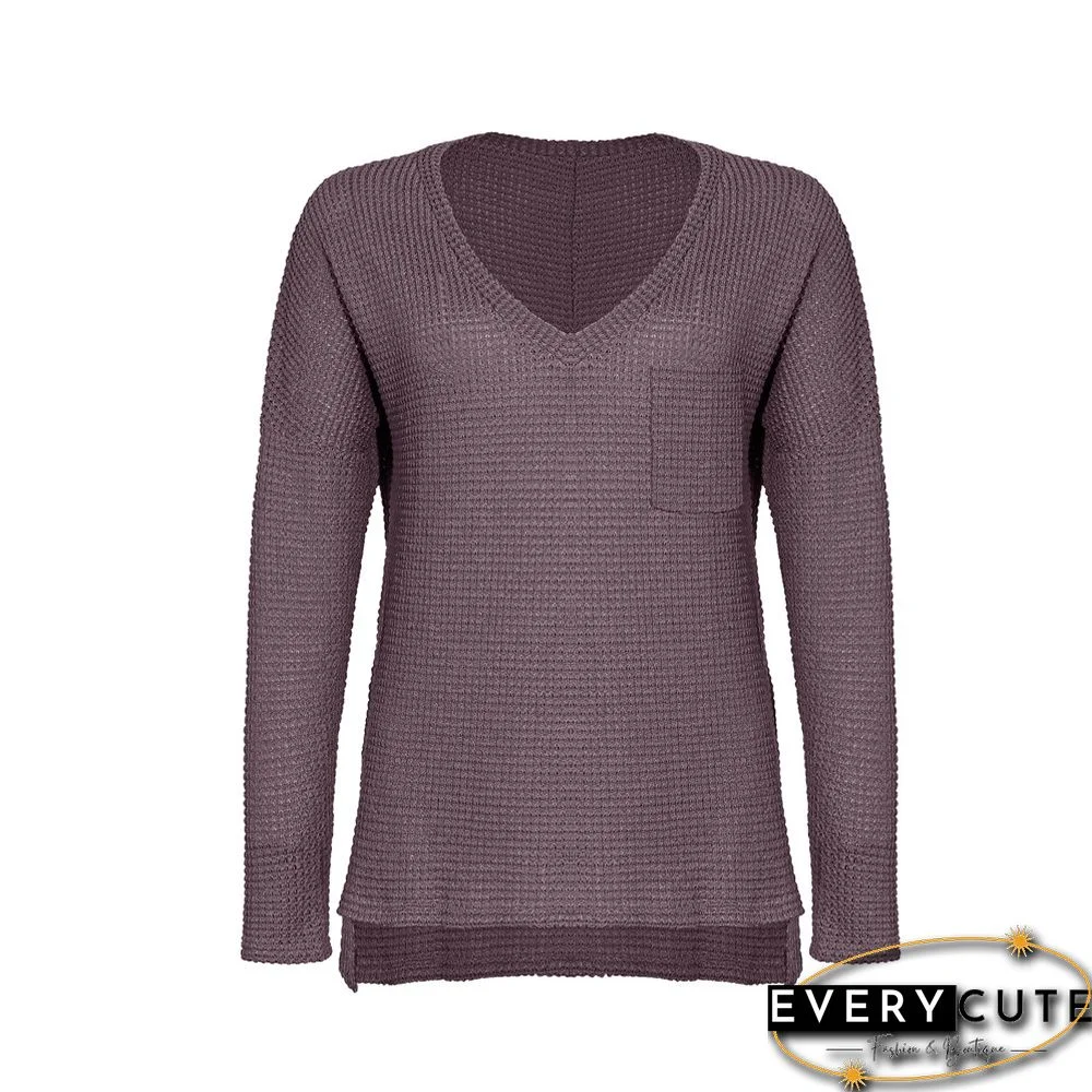 Purplish Red Solid V Neck Knit Top with Pocket