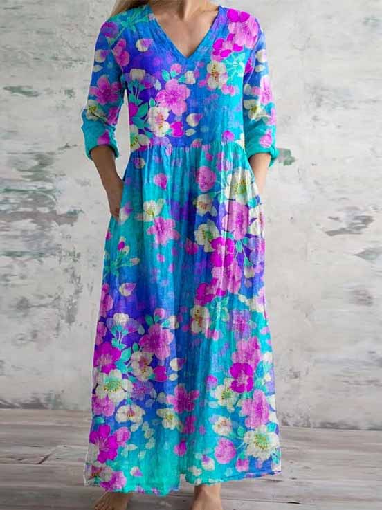 Women's 3/4 Sleeve V-neck Floral Printed Midi Dress