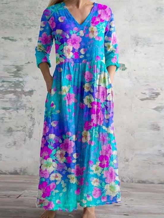 Women's 3/4 Sleeve V-neck Floral Printed Midi Dress