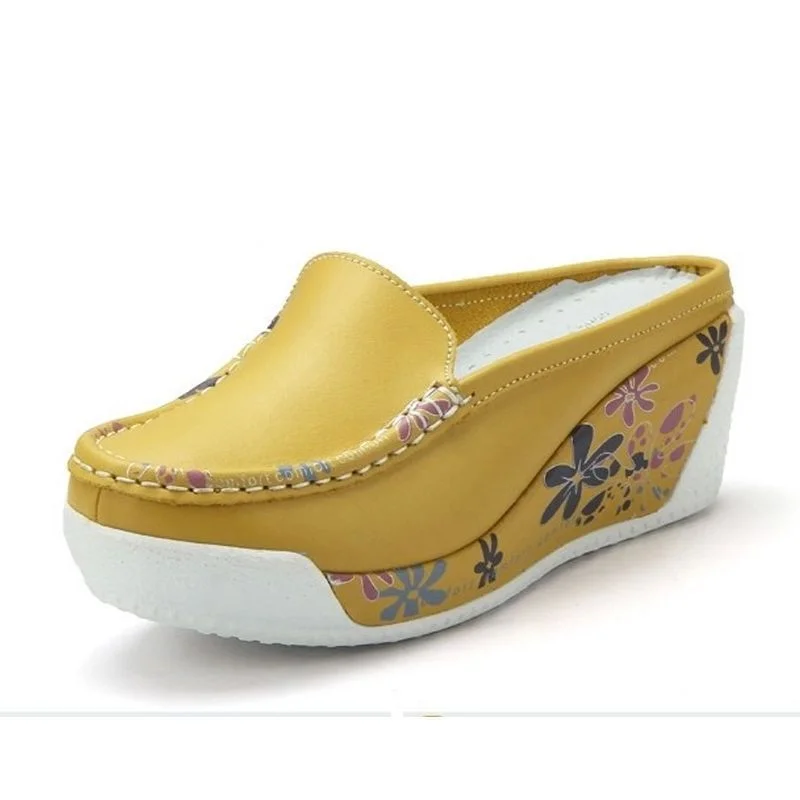 Churchf Churchf Half Slippers Female Thick Sole Fashion Wear Cake Shoes Summer Leather Cool Drag Women's Shoes Slope Heel Pedal Lazy Shoes