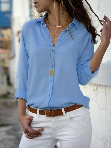 Solid Long Sleeve Casual Stand Collar Chiffon Plus Size Blouse Zaesvini