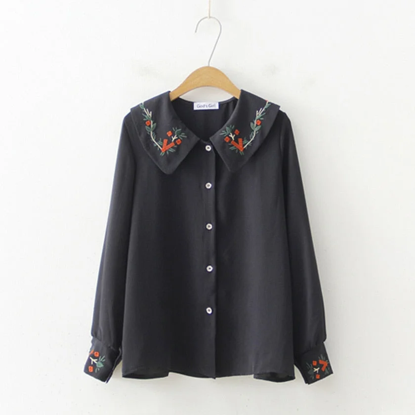 2019 New Floral Embroidered Button Up Chiffon Blouse Long Sleeve Peter pan Collar Shirt Sweet Girls Loose Plus Size Top T93902F