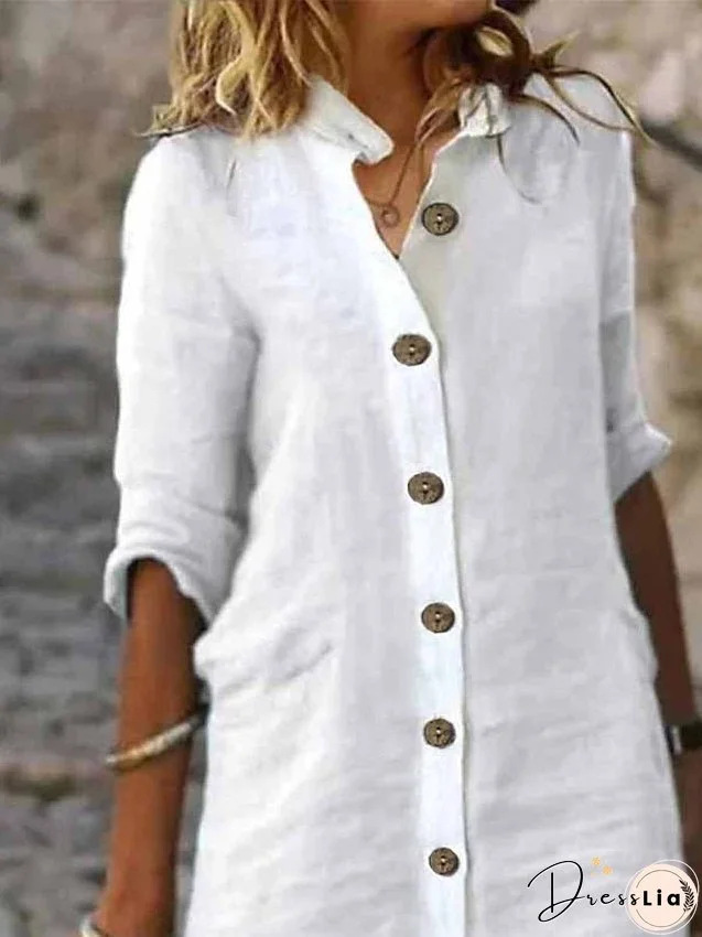 Women's Shirt Dress Casual Dress Cotton Linen Dress Midi Dress Cotton Blend Fashion Basic Outdoor Daily Shirt Collar