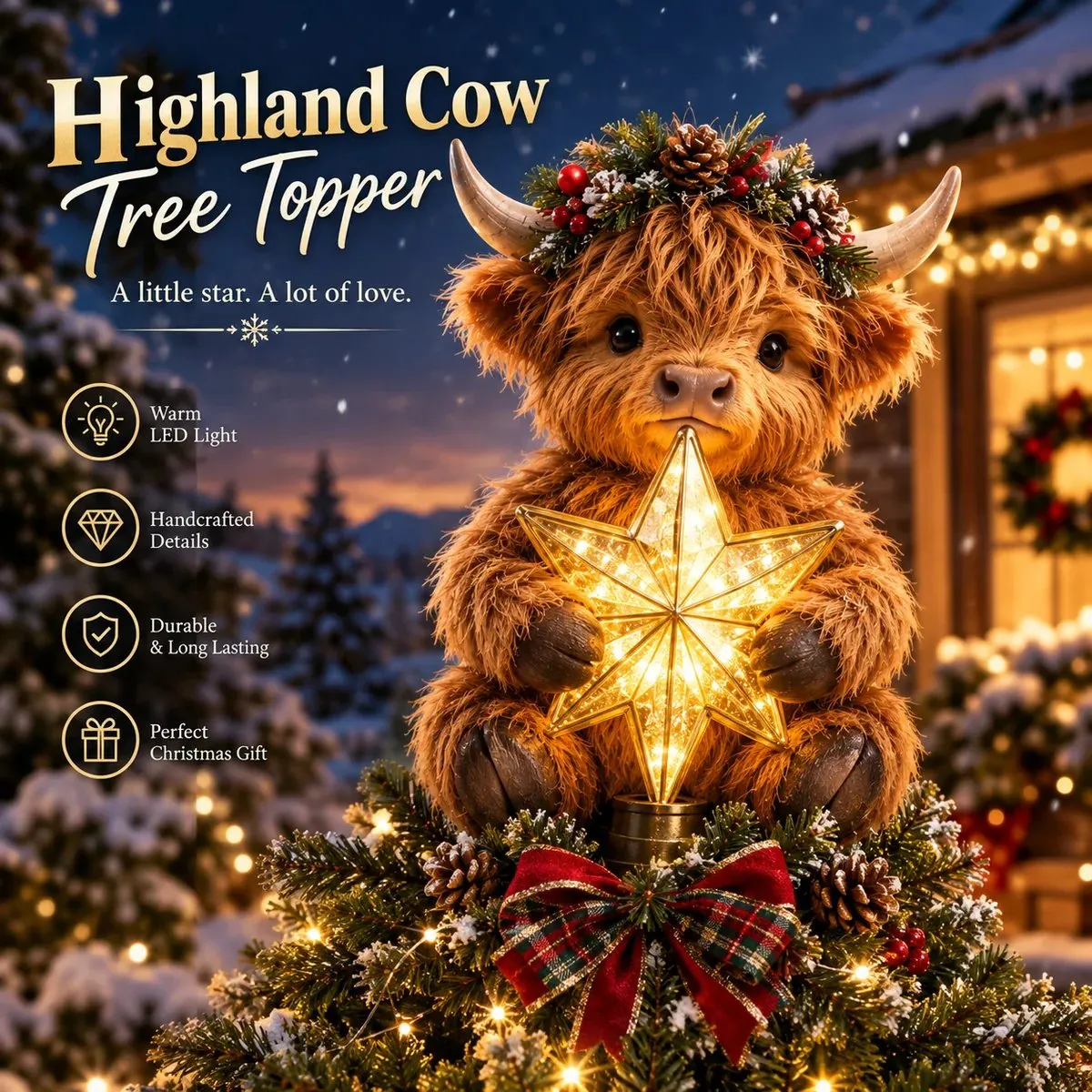 Baby Highland Cow Glowing Star Christmas Tree Topper