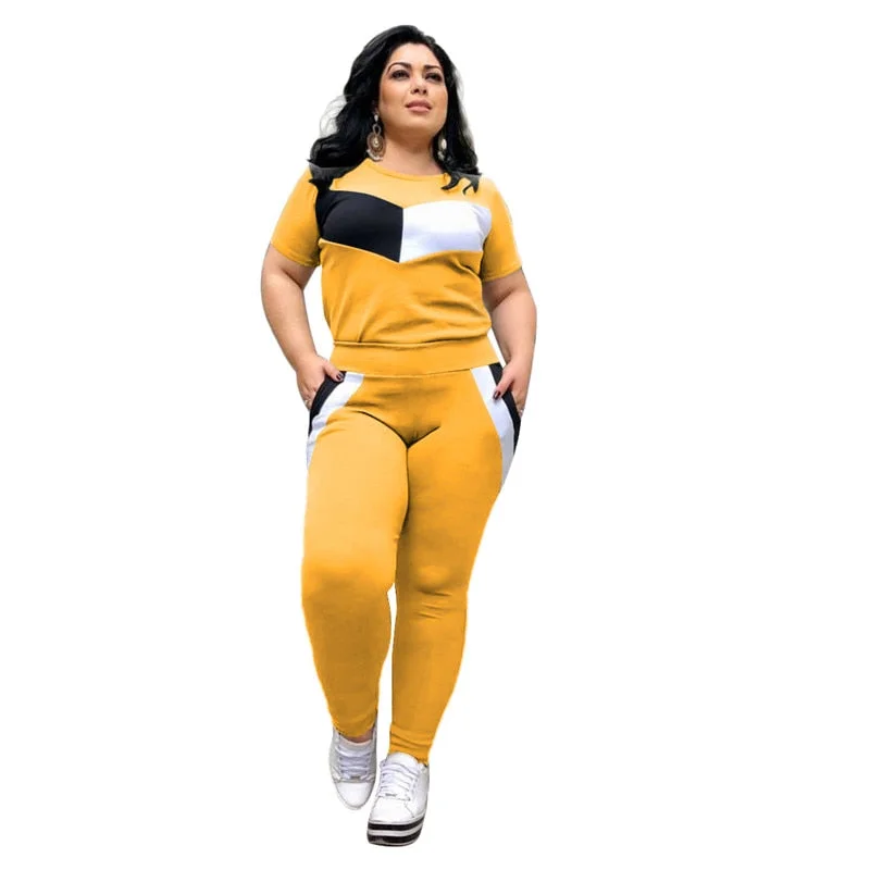 Plus Size 2 Piece Set Women Tracksuits Patchwork Crop Top Short Sleeve Leggings Jogger Sport Suit Stretch Wholesale Dropshipping