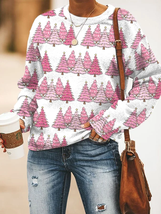 Women's Pink   Christmas TreePrint Sweatshirt