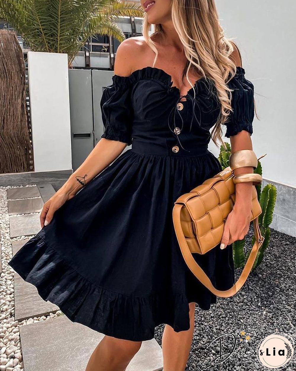 Off Shoulder Button Design Frill Hem Dress P13574