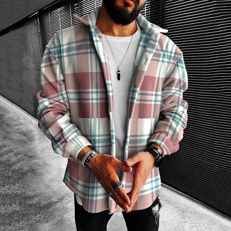 Casual Fashion Nude Pink Plaid Shirt Jacket