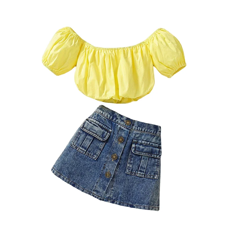 Baby Girls Short Sleeve Top+Denim Skirt Off Shoulder Top Denim Buttons Skirt Set