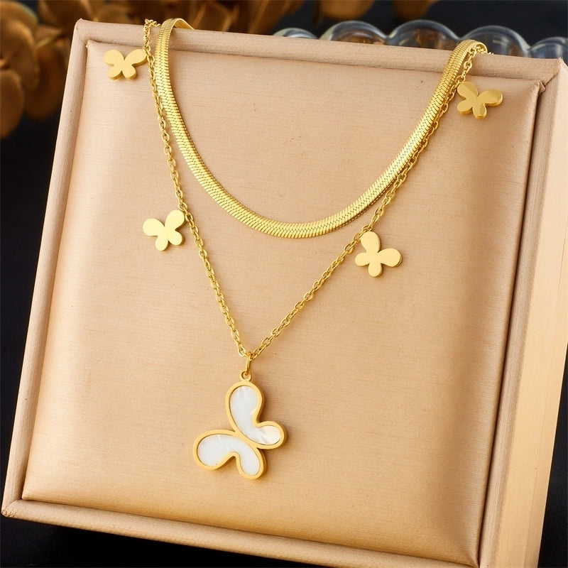 Elegant Heart Shape Butterfly 304 Stainless Steel 18K Gold Plated Double Layer Necklaces
