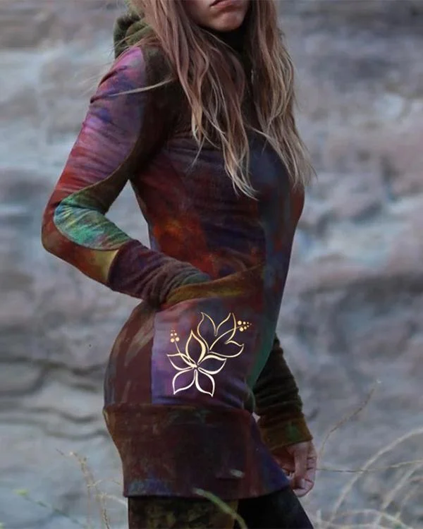 Gradient Print Floral Vintage Paneled Pocket Hoodie