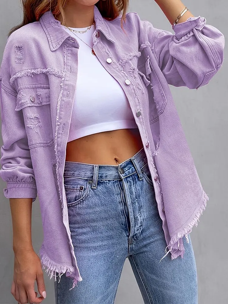 Solid Color Medium Length Ripped Long Sleeve Denim Jacket