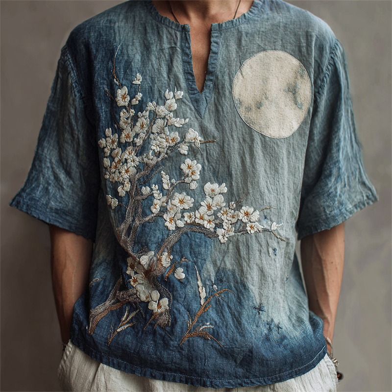 Floral Tree Full Moon Japanese Embroidered Gradient Linen Shirt  artssus