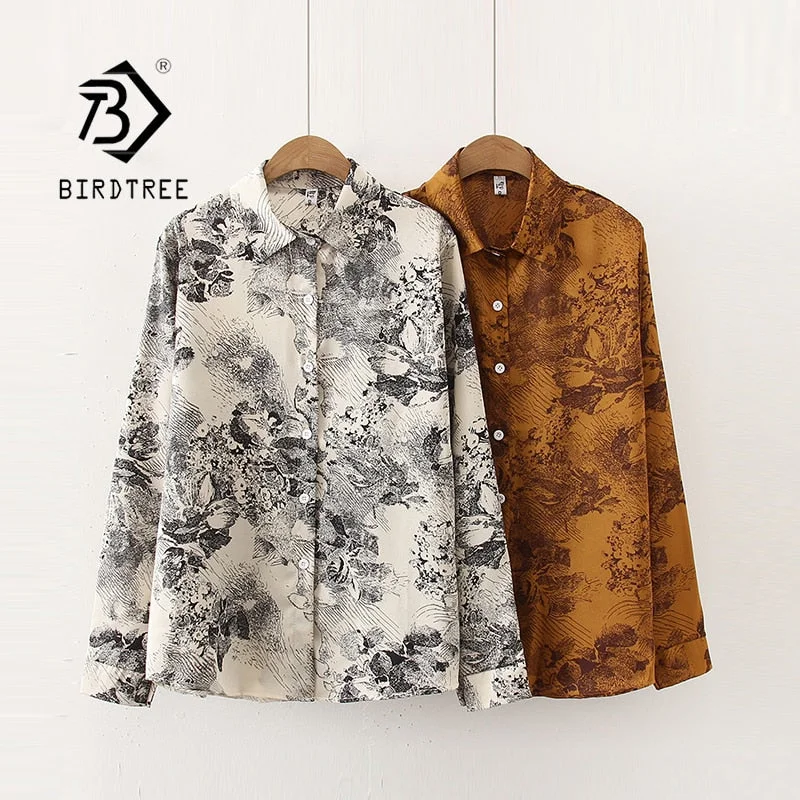 Spring New Women Vintage Ink painting Print Chiffon Blouse Full Sleeve Button Up Loose Shirt Autumn Casual BF Style Tops T11612F