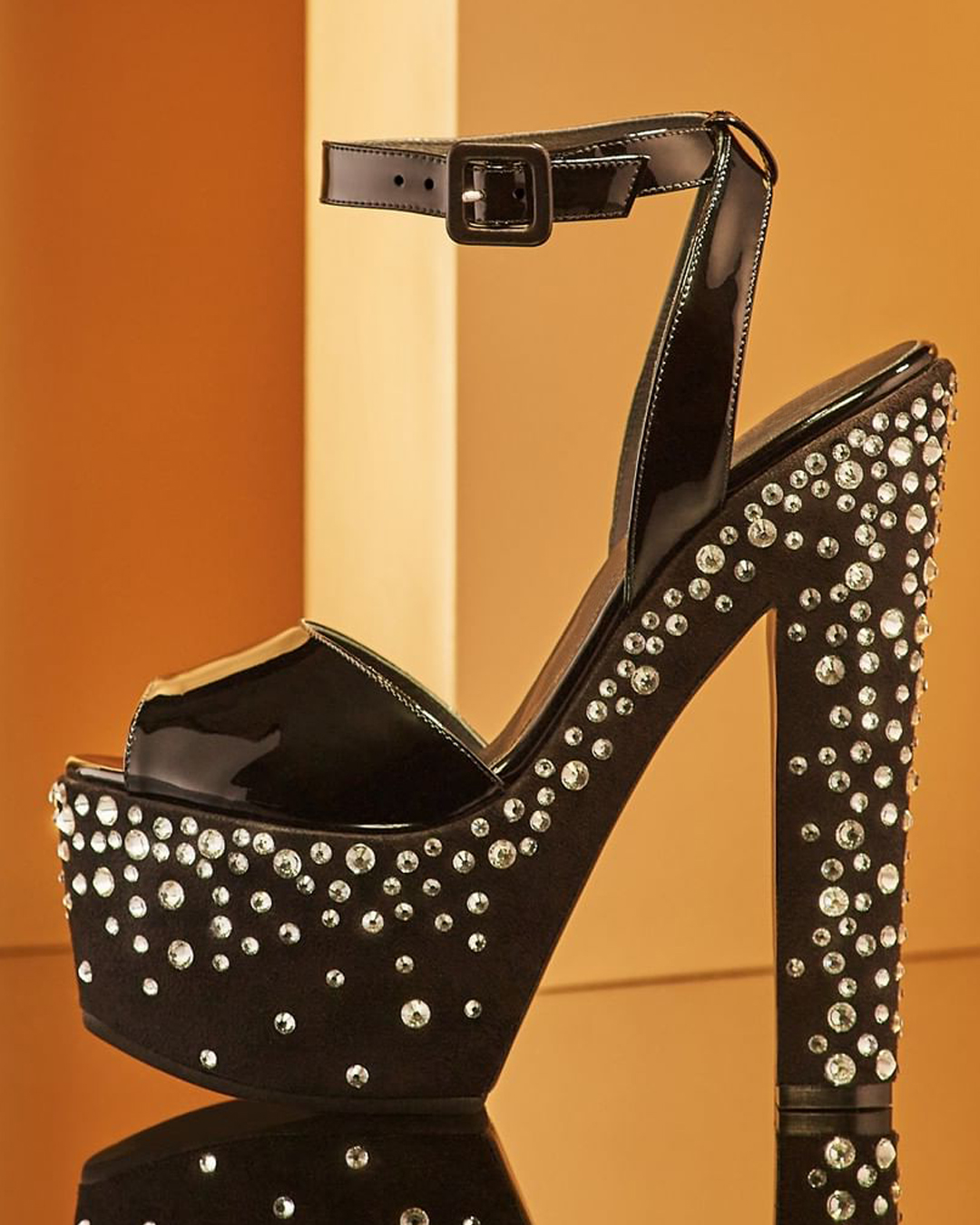 Black Patent Leather Peep Toe Chunky Heel Ankle Strap Platform Pumps Nicepairs