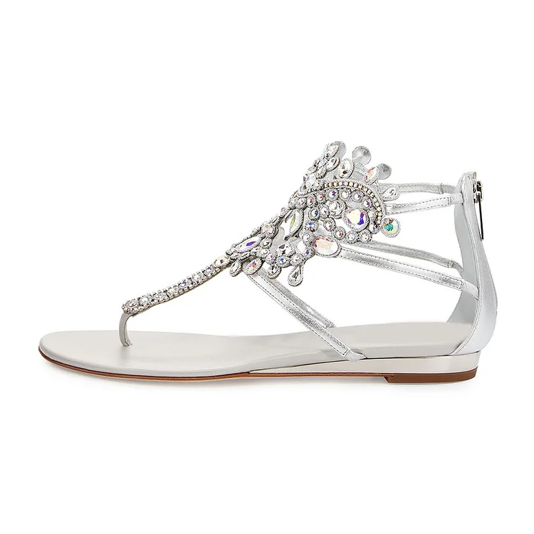 Multicolor Faux Crystal Chandelier Thong Strap Silver Sandals |FSJ Shoes