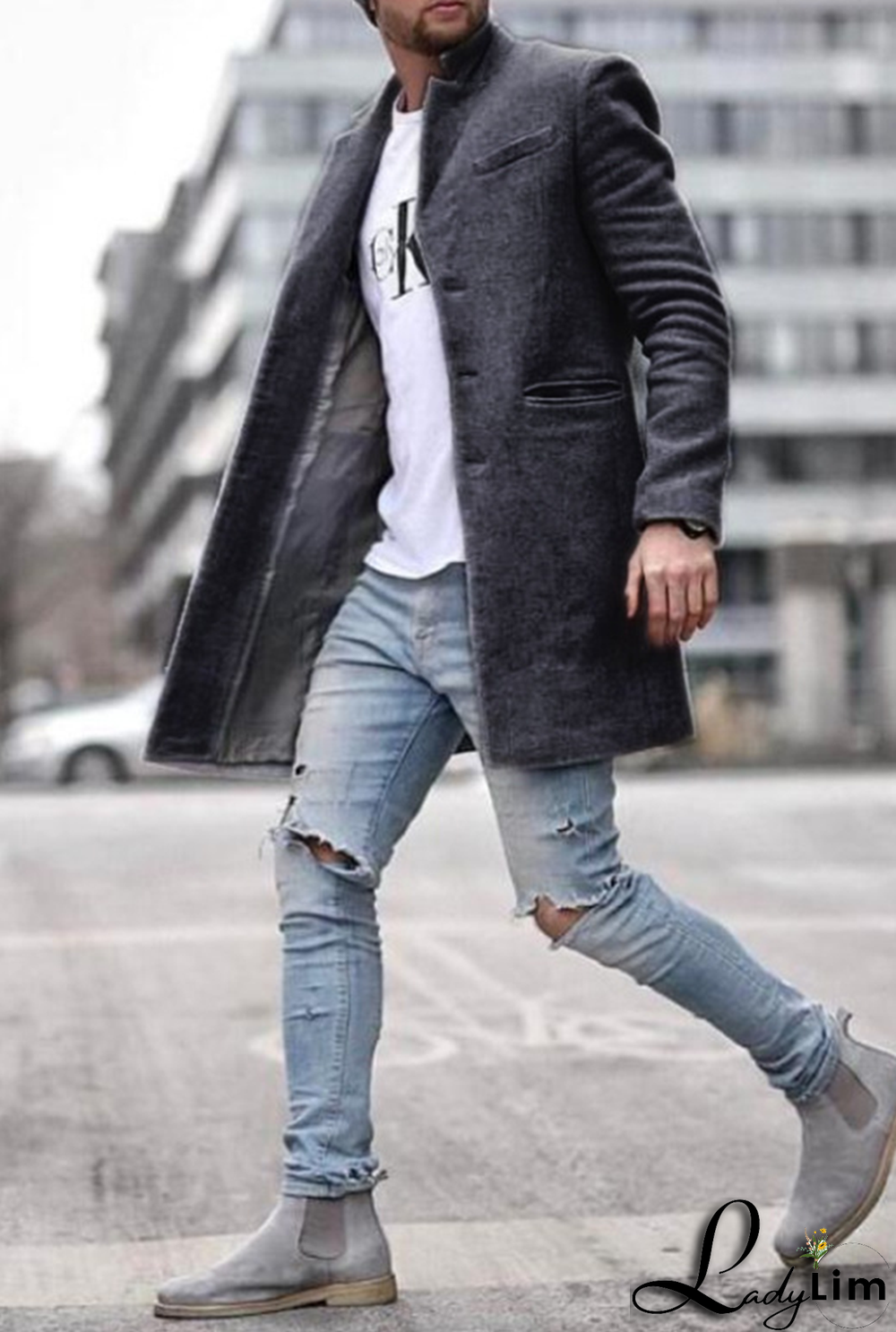 Black Fashion Solid Pocket Buckle Turndown Collar Outerwear