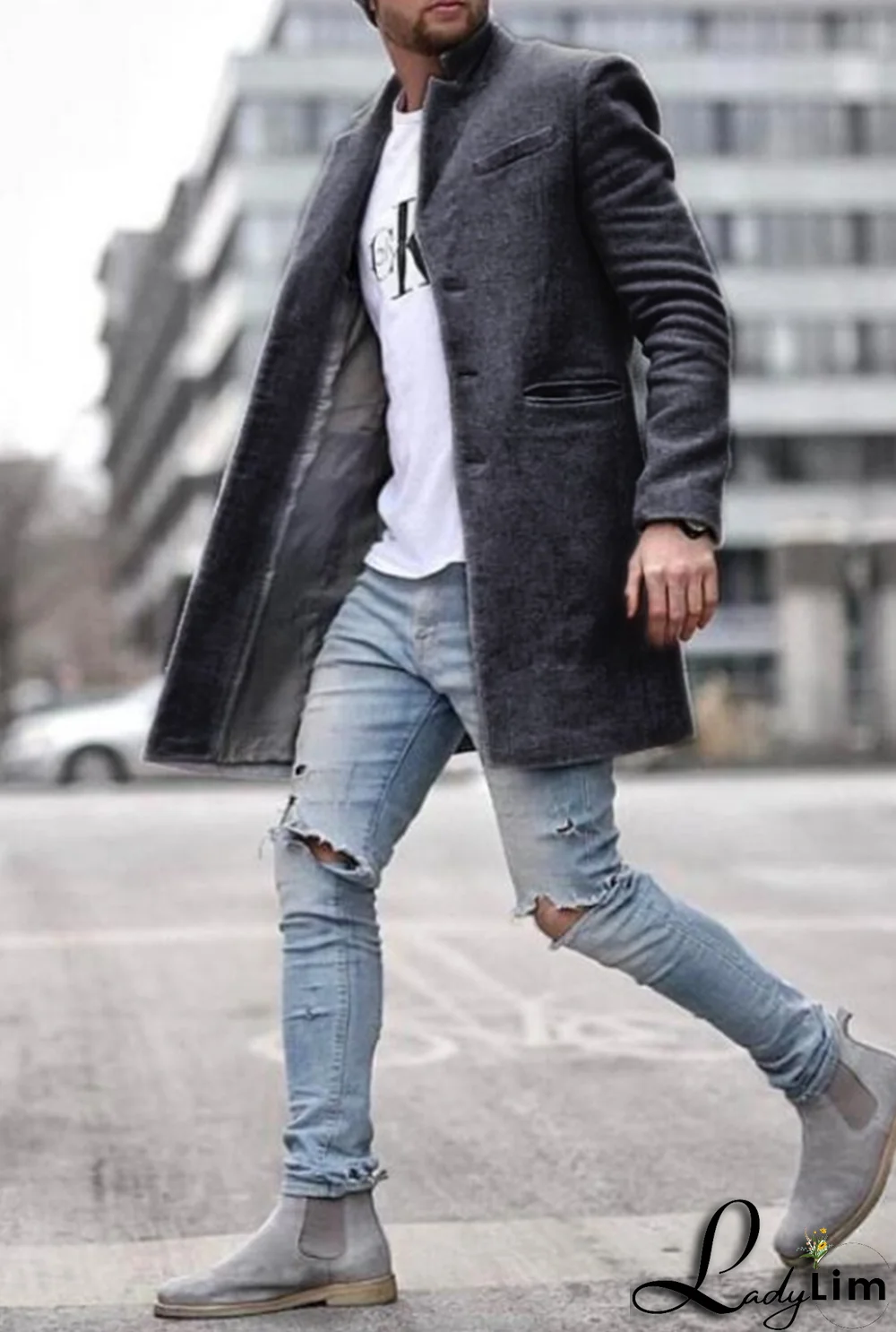 Black Fashion Solid Pocket Buckle Turndown Collar Outerwear