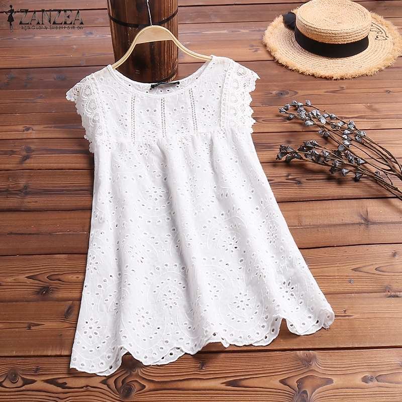 ZANZEA 2021 Summer Tanks Tops Fashion Women Sleeveless Hollow Out Shirt Lace Crochet Vest Tee Solid Casual White Top Work Blusas