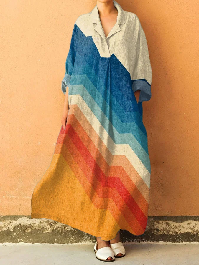 Women's Vintage  Gradient Stripes Art Print V-Neck Pocket Cotton Dress
