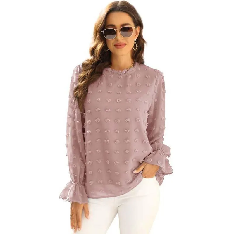 Women Solid Blouse Fashion Jacquard Stand Neck Long Sleeve Chic Office Work Tops Lady Plus Size Casual Elegant Chiffon Shirts