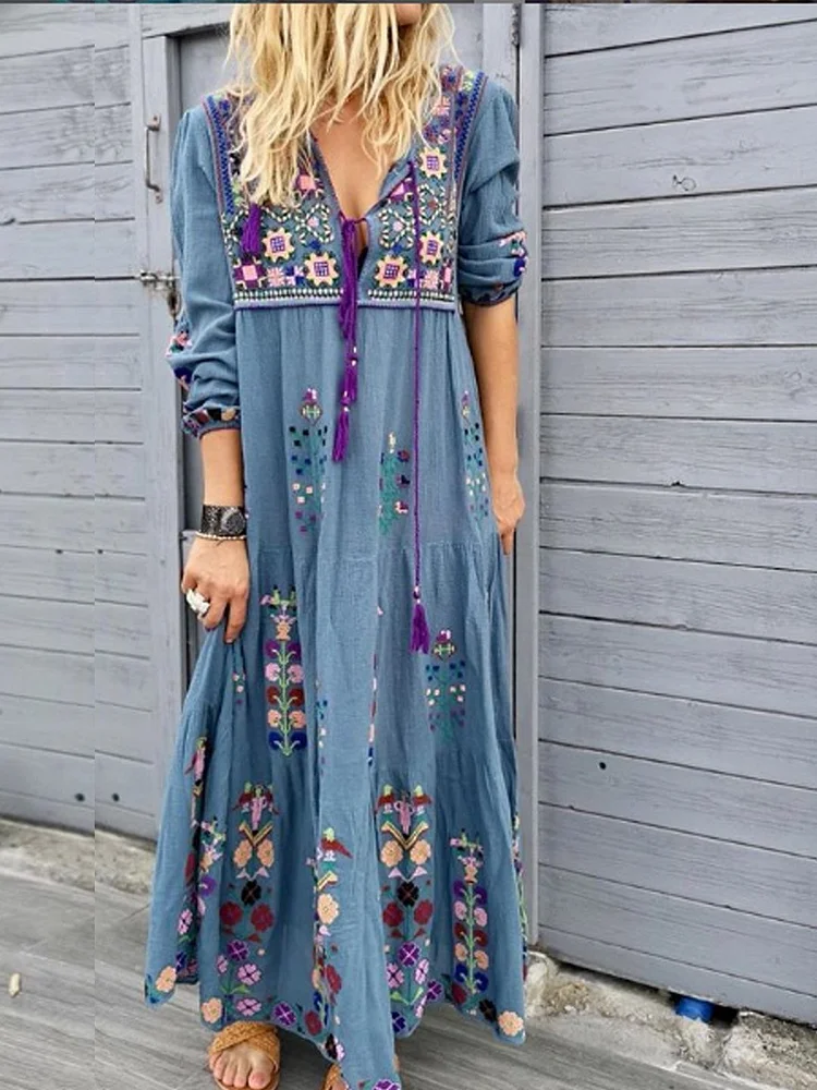 Casual patchwork cotton blend V-neck dress