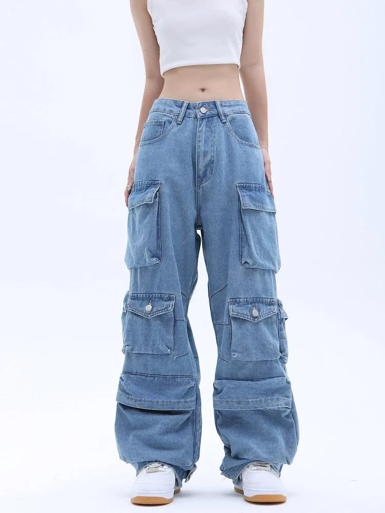 OLCooL Niche Design Vintage Women's Overalls Multi-pocket Jeans Zipper High Waist Solid Color Personalized Lady Denim Pants olcool