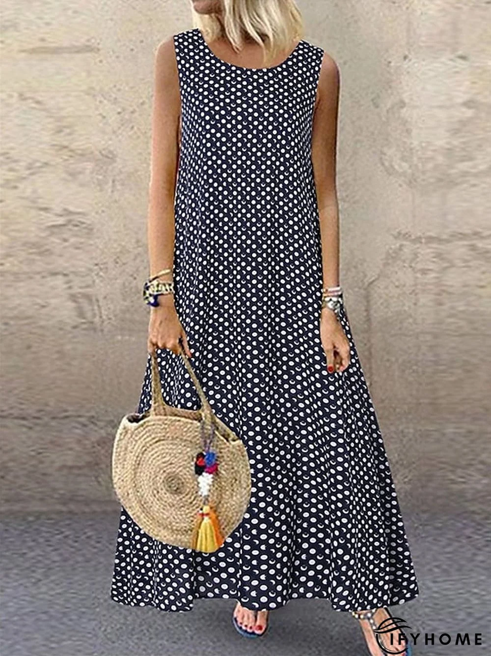 Women's Long Dress Maxi Dress Casual Dress Swing Dress Polka Dot Dress Polka Dot Fashion Casual Outdoor Daily Weekend Print Sleeveless Crew Neck Dress Loose Fit Black White Dark Blue Spring Summer S | IFYHOME